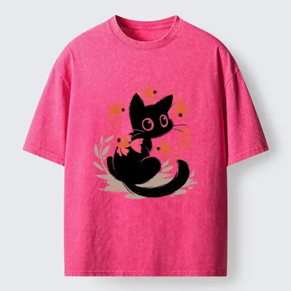 Tokyo-Tiger Curious Black Cat Among Fish Washed T-Shirt