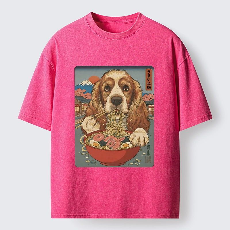 Tokyo-Tiger Dog Slurping Ramen In Japanese Style Washed T-Shirt