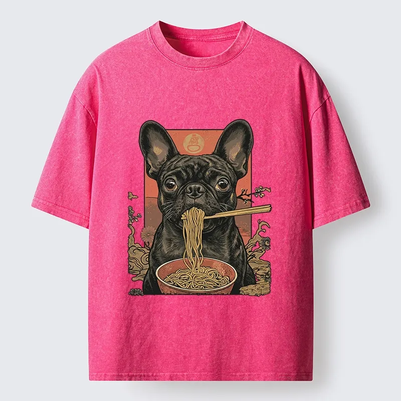 Tokyo-Tiger Vintage Style Dog & Ramen Art Washed T-Shirt