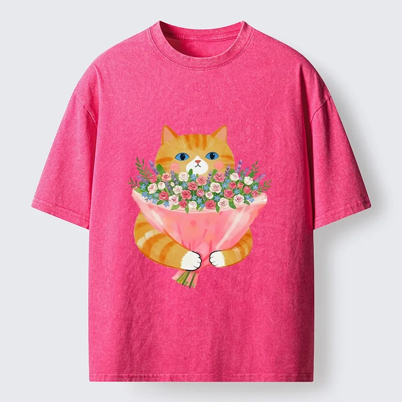Tokyo-Tiger Cozy Cat Offering A Bouquet Washed T-Shirt