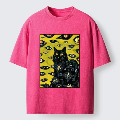 Tokyo-Tiger Cat With Many Eyes And Stars Washed T-Shirt