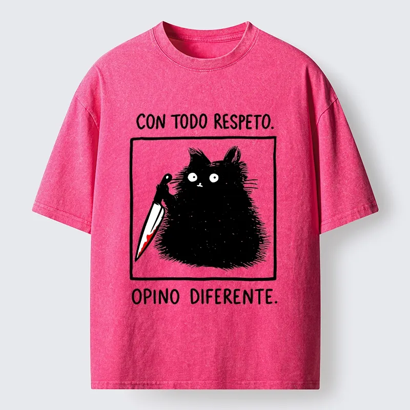 Tokyo-Tiger Black Cat Holds Knife Disagrees Washed T-Shirt