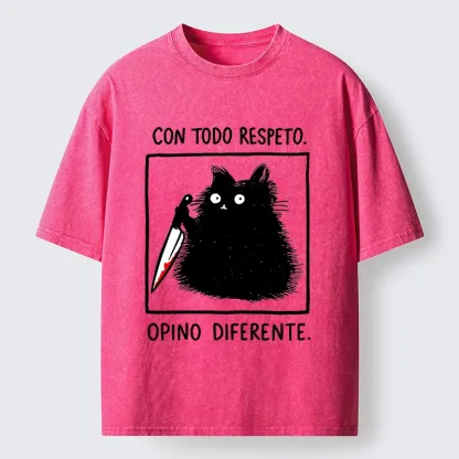 Tokyo-Tiger Black Cat Holds Knife Disagrees Washed T-Shirt