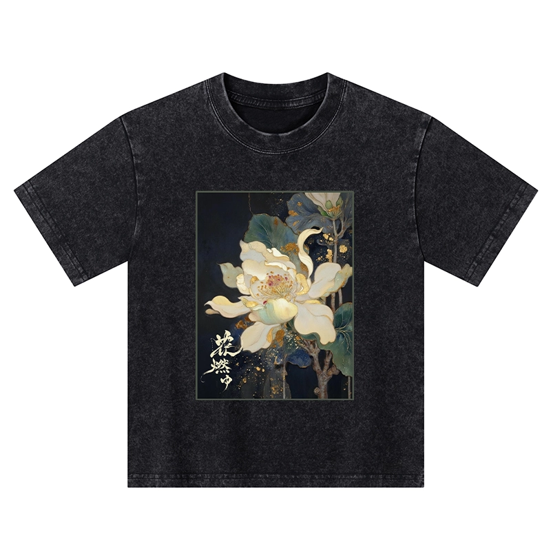 Tokyo-Tiger Lotus Adorned With Golden Specks Kids Washed T-Shirt