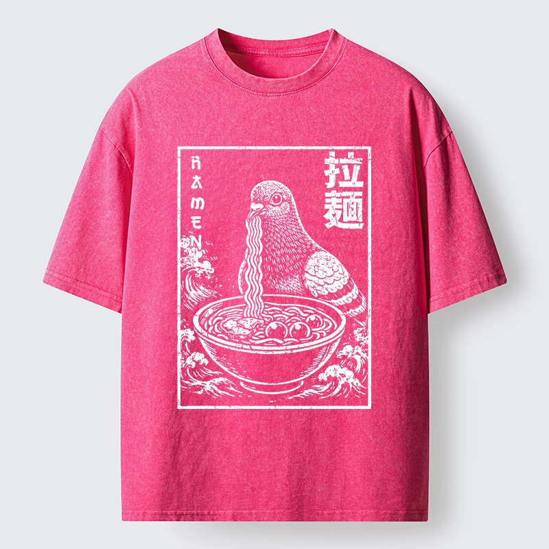 Tokyo-Tiger Pigeon Eating Ramen Art Washed T-Shirt