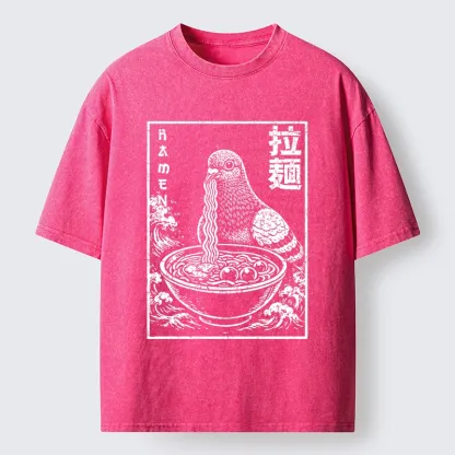 Tokyo-Tiger Pigeon Eating Ramen Art Washed T-Shirt