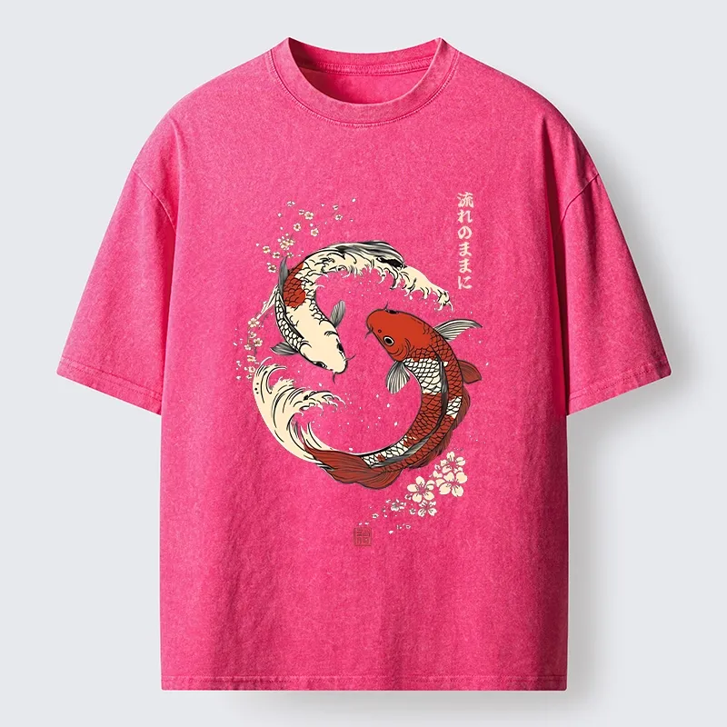 Tokyo-Tiger Elegant Koi Fish And Sakura Washed T-Shirt