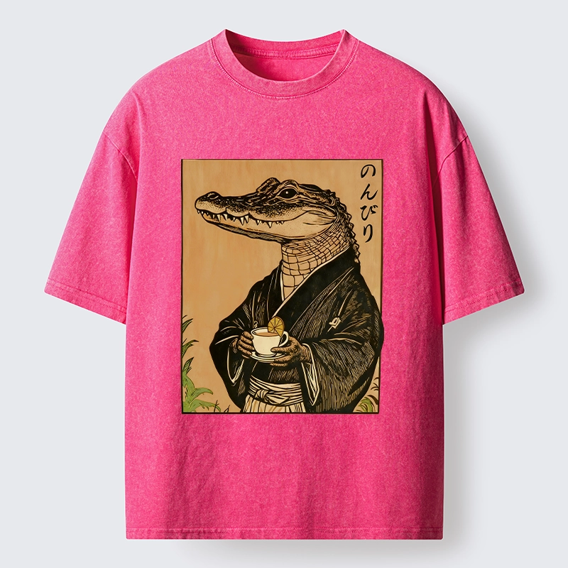 Tokyo-Tiger Alligator In Kimono Drinking Tea Washed T-Shirt