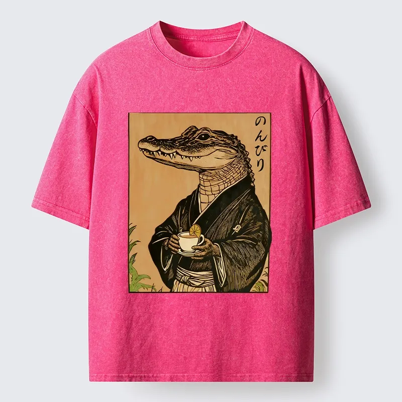 Tokyo-Tiger Alligator In Kimono Drinking Tea Washed T-Shirt