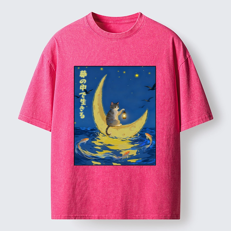 Tokyo-Tiger Cat On Moon Boat Over Sea Washed T-Shirt