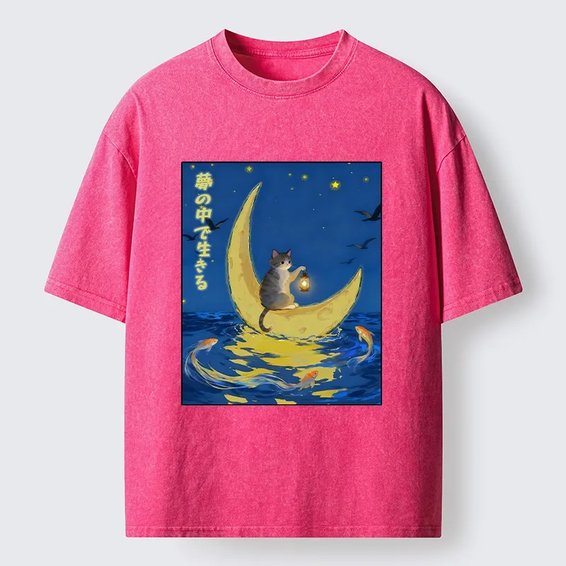 Tokyo-Tiger Cat On Moon Boat Over Sea Washed T-Shirt
