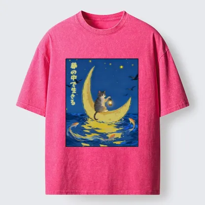 Tokyo-Tiger Cat On Moon Boat Over Sea Washed T-Shirt