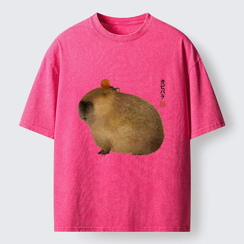 Tokyo-Tiger Calm Capybara Illustration Washed T-Shirt