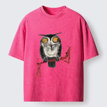 Tokyo-Tiger Ink Wash Owl On Red Branch Washed T-Shirt