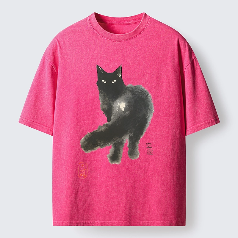 Tokyo-Tiger Black Cat Emptiness Ink Wash Washed T-Shirt