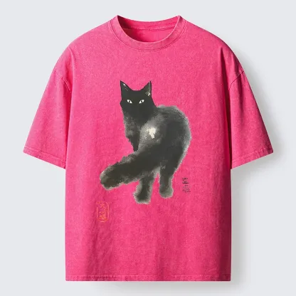 Tokyo-Tiger Black Cat Emptiness Ink Wash Washed T-Shirt