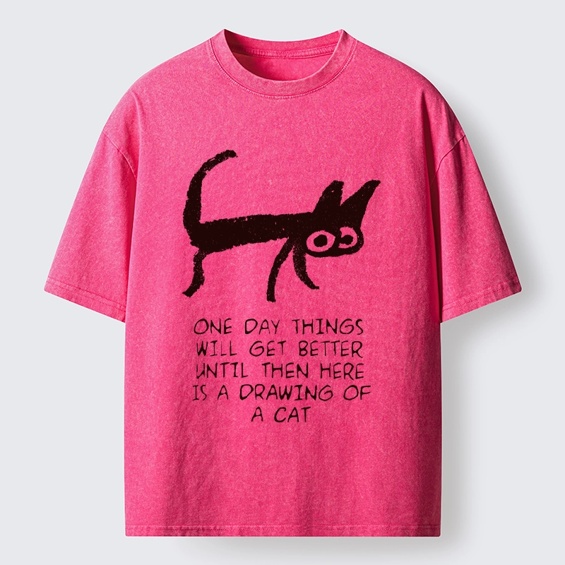 Tokyo-Tiger Cat Cheer Up Drawing Washed T-Shirt