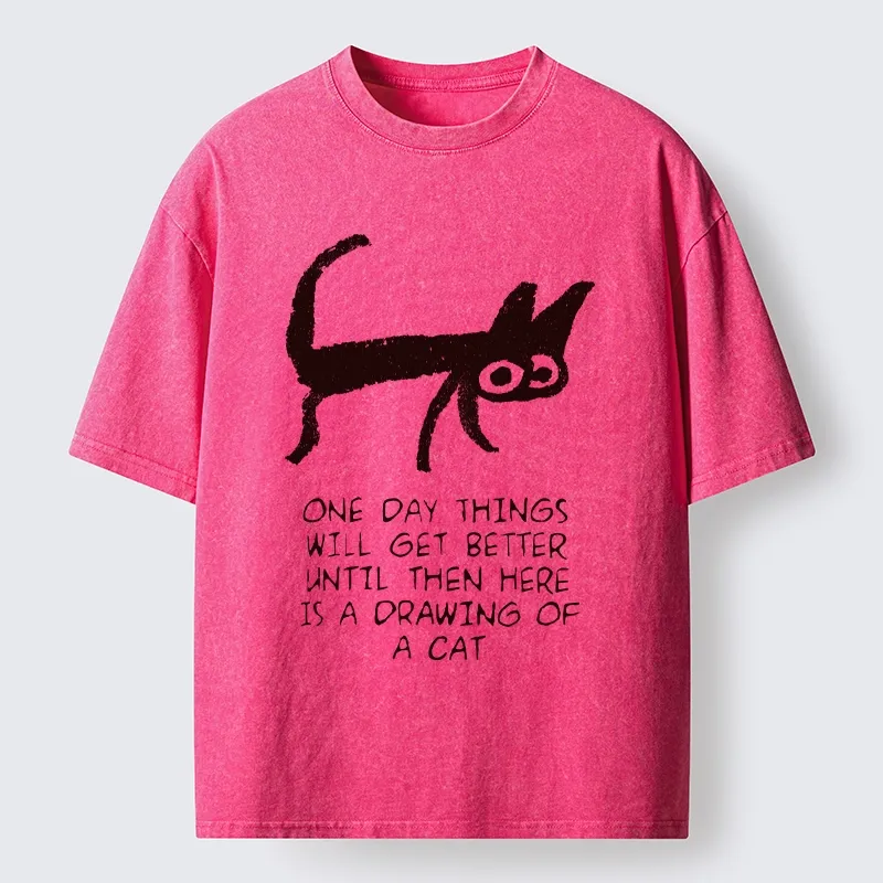 Tokyo-Tiger Cat Cheer Up Drawing Washed T-Shirt