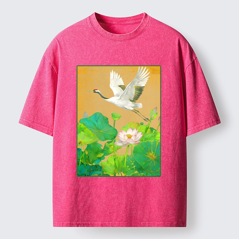 Tokyo-Tiger Crane Flying Over Lotus Art Washed T-Shirt