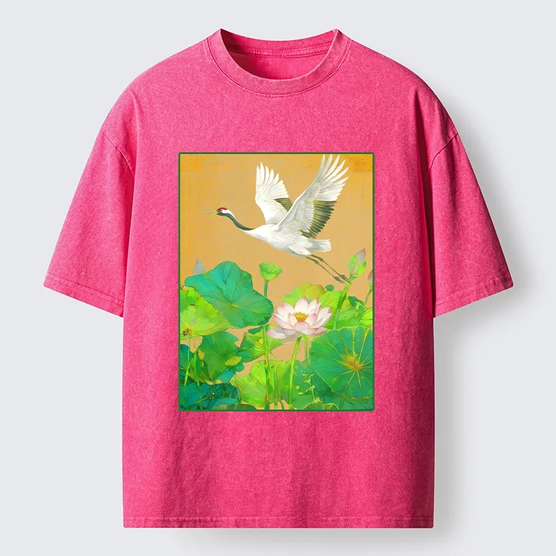 Tokyo-Tiger Crane Flying Over Lotus Art Washed T-Shirt
