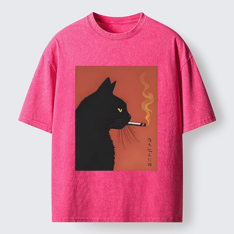 Tokyo-Tiger Black Cat With Cigarette Washed T-Shirt