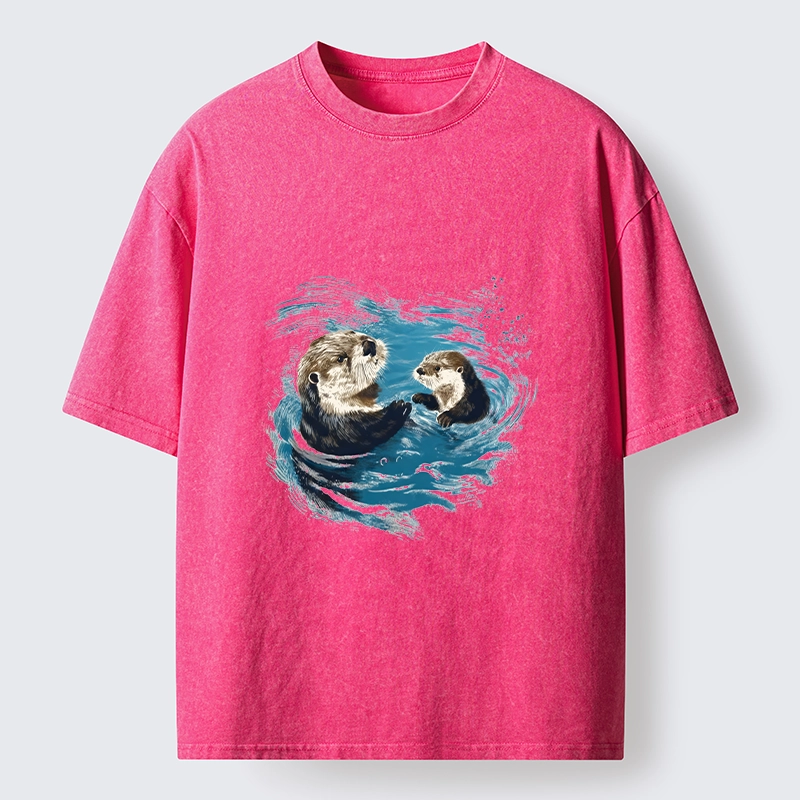 Tokyo-Tiger Meme Cute Otter Pair In Water Washed T-Shirt