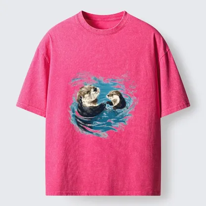 Tokyo-Tiger Meme Cute Otter Pair In Water Washed T-Shirt