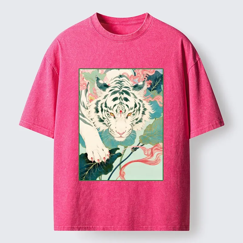 Tokyo-Tiger Oriental White Tiger Art Washed T-Shirt