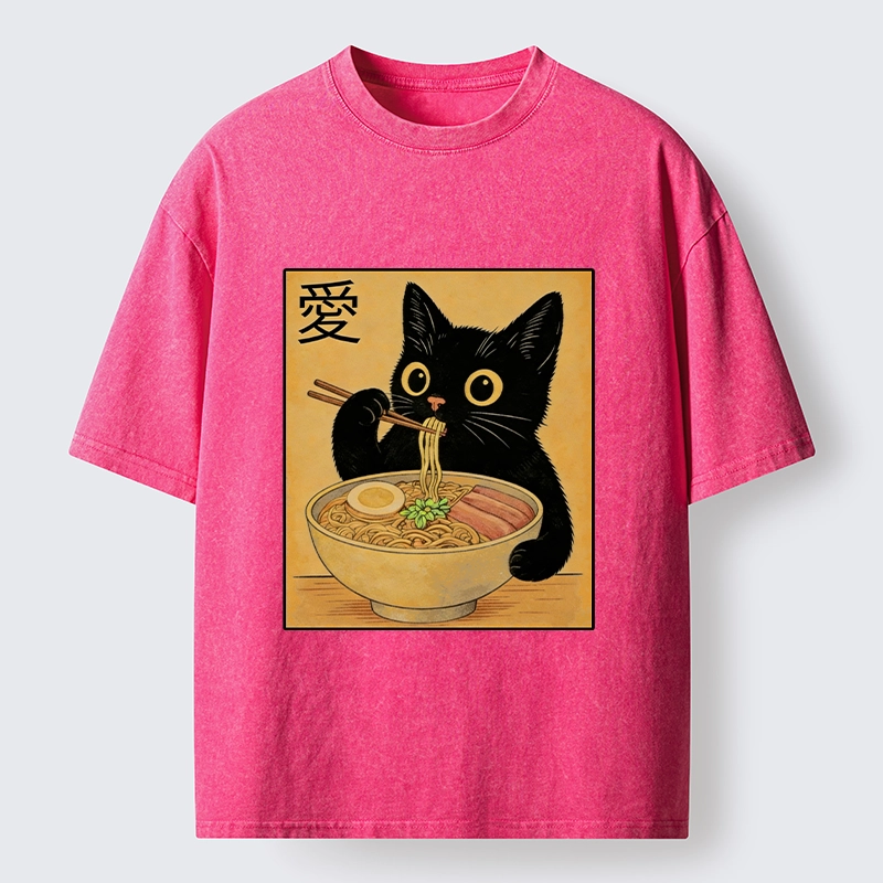 Tokyo-Tiger Cute Cat Eating Ramen Meme Washed T-Shirt