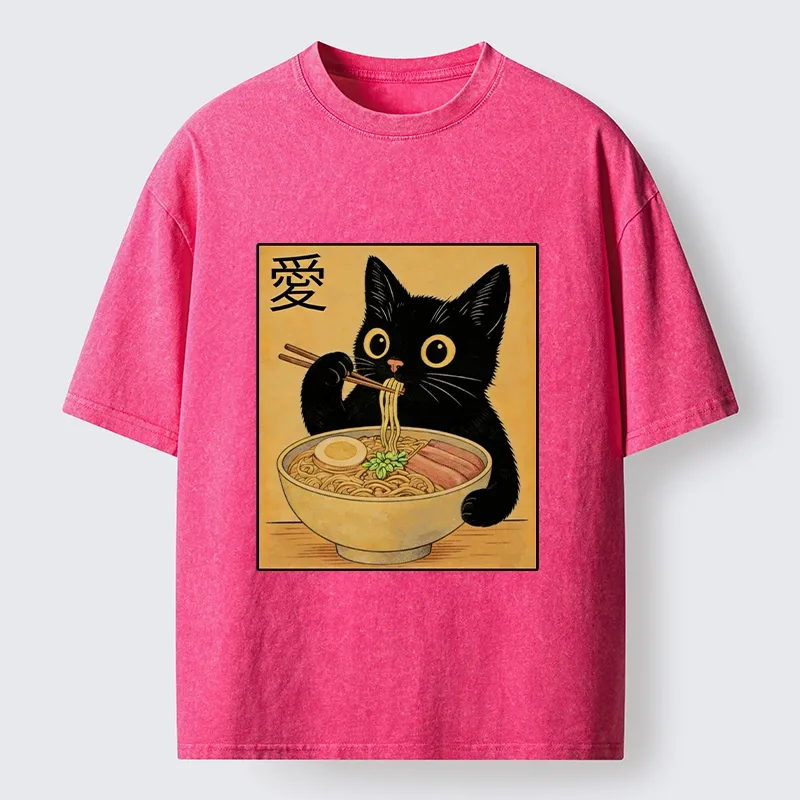Tokyo-Tiger Cute Cat Eating Ramen Meme Washed T-Shirt