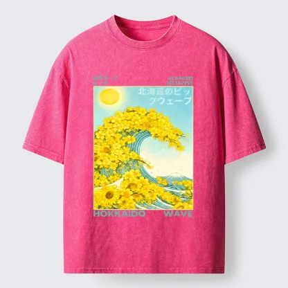 Tokyo-Tiger Sunny Yellow Flower Wave Art Washed T-Shirt