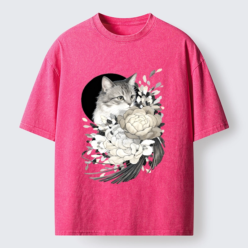 Tokyo-Tiger Graceful Cat In Floral Bouquet Washed T-Shirt