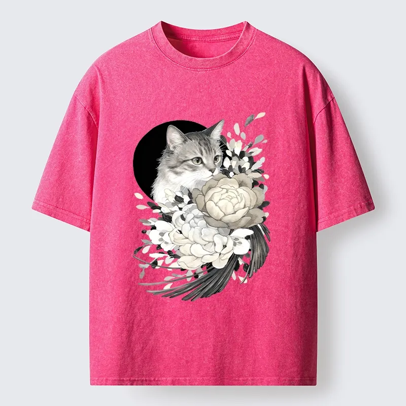 Tokyo-Tiger Graceful Cat In Floral Bouquet Washed T-Shirt