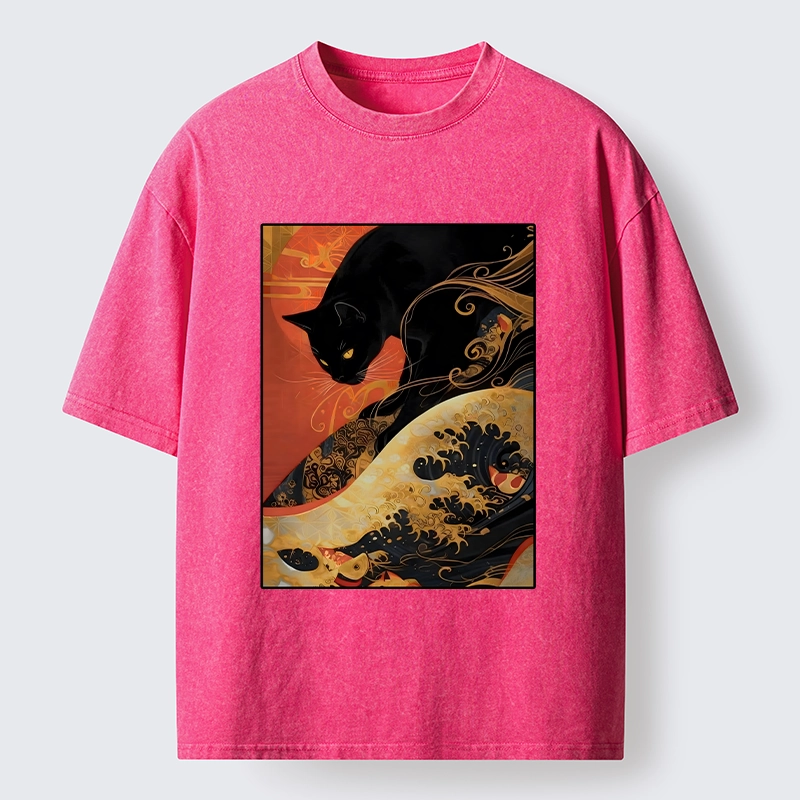 Tokyo-Tiger Japanese Style Black Cat Washed T-Shirt
