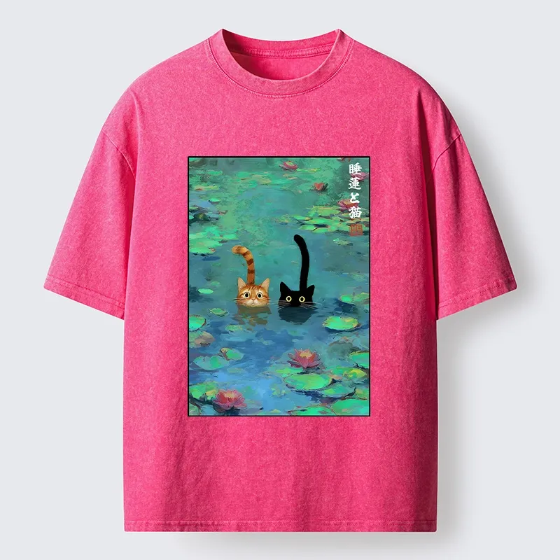 Tokyo-Tiger Funny Cats Swimming In Lilies Washed T-Shirt