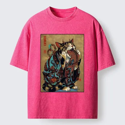 Tokyo-Tiger Samurai Cat Eating Fish Washed T-Shirt