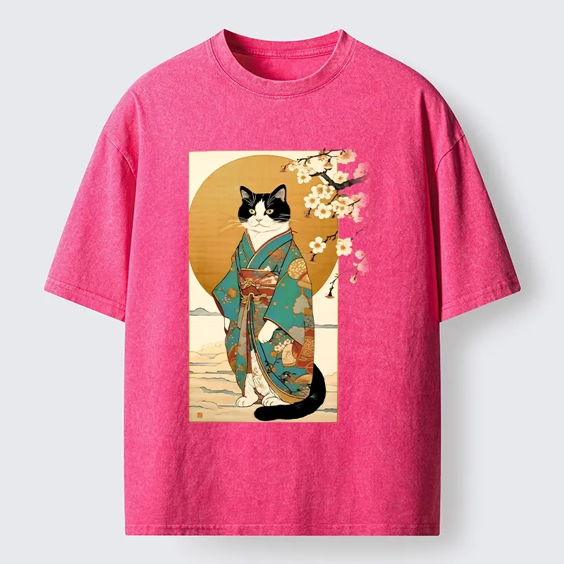 Tokyo-Tiger Elegant Cat In Traditional Kimono Washed T-Shirt