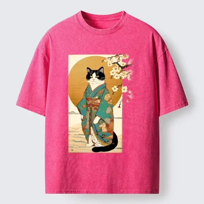 Tokyo-Tiger Elegant Cat In Traditional Kimono Washed T-Shirt