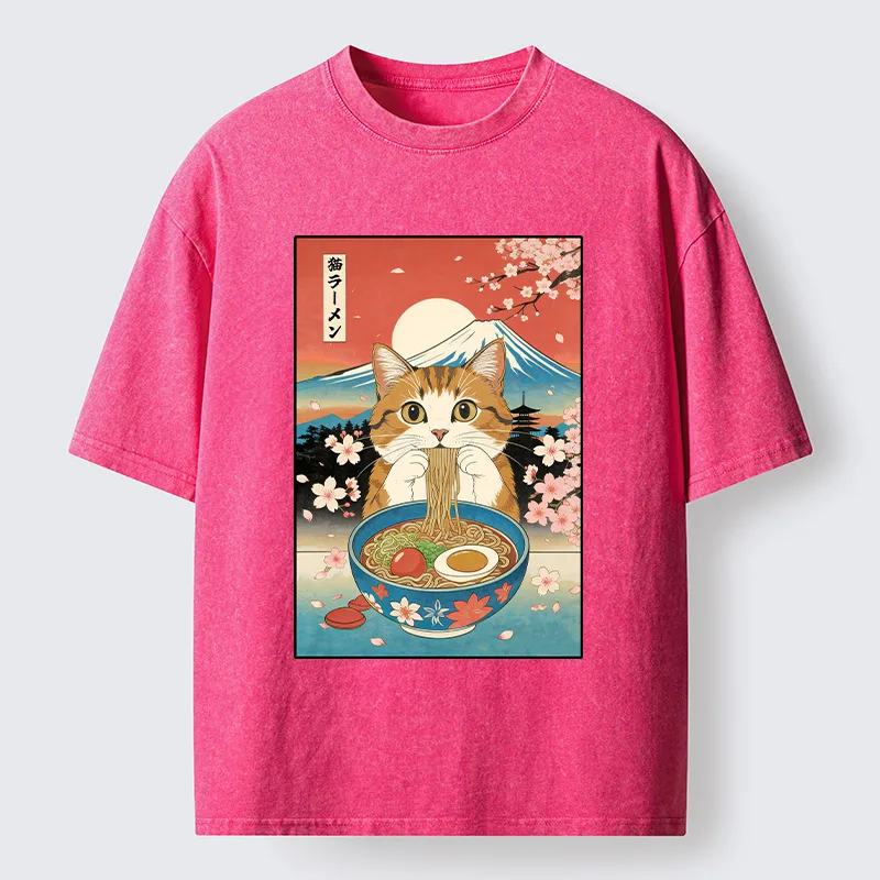 Tokyo-Tiger Orange Cat Eating Ramen Washed T-Shirt