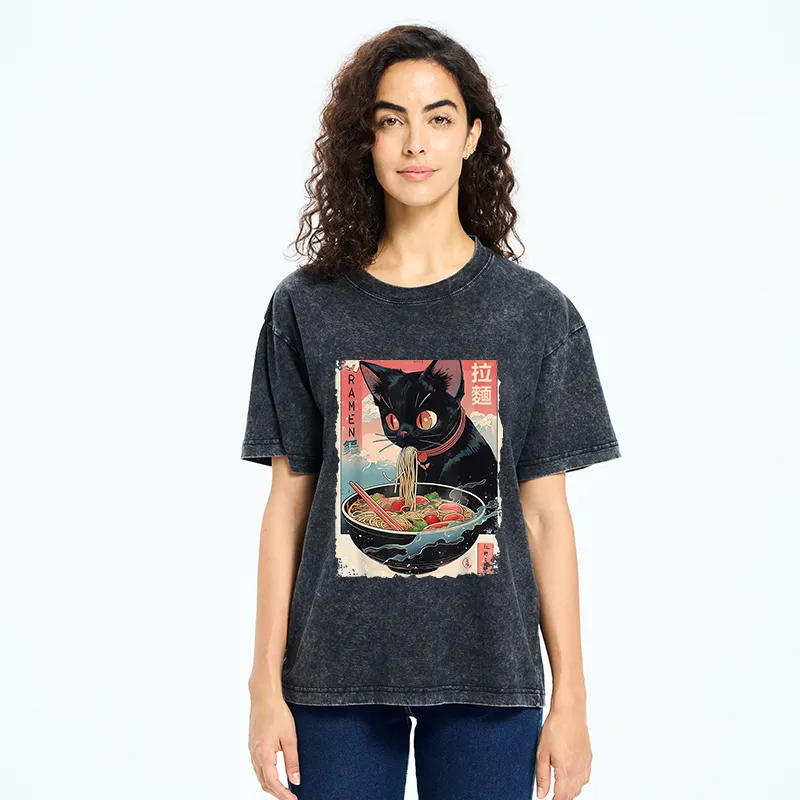 Tokyo-Tiger Black Cat Eating Ramen Japanese Washed T-Shirt