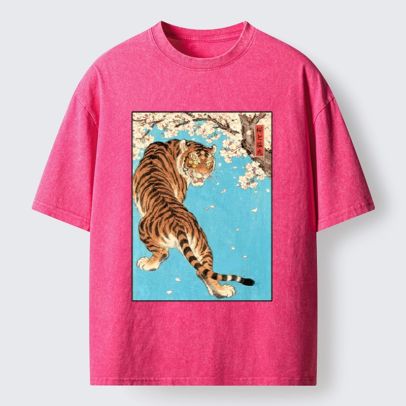 Tokyo-Tiger Fierce Tiger And Sakura Petals Washed T-Shirt