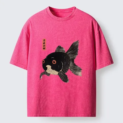 Tokyo-Tiger Japanese Black Goldfish Art Washed T-Shirt