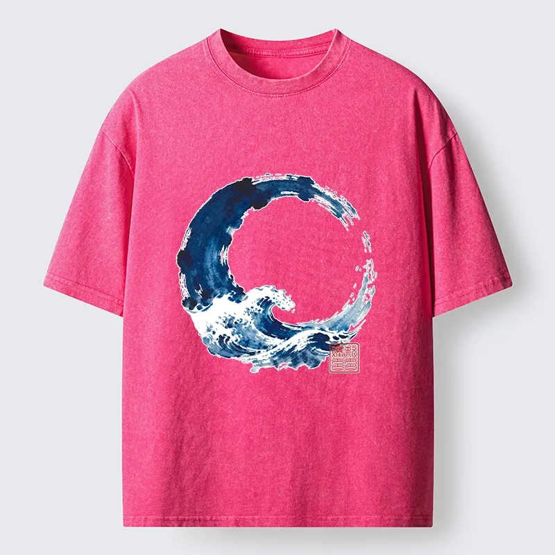 Tokyo-Tiger Zen Circle Blue Wave Art Washed T-Shirt