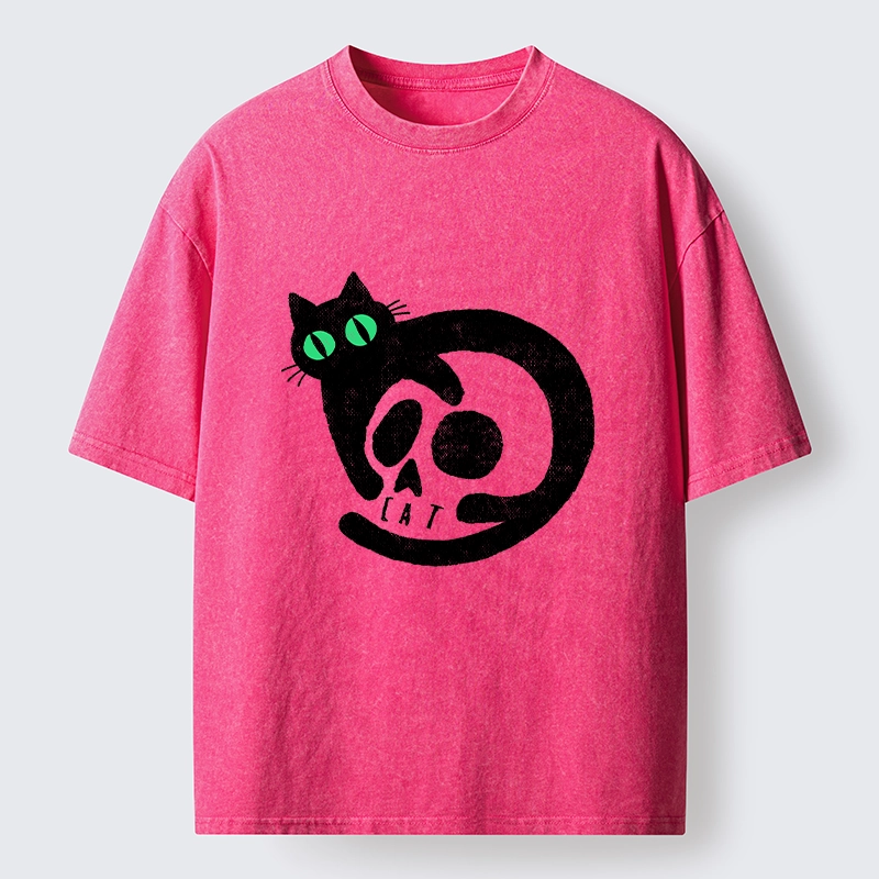 Tokyo-Tiger Spooky Black Cat Skull Meme Washed T-Shirt