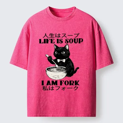 Tokyo-Tiger Life Is Soup Cat Humor Meme Washed T-Shirt