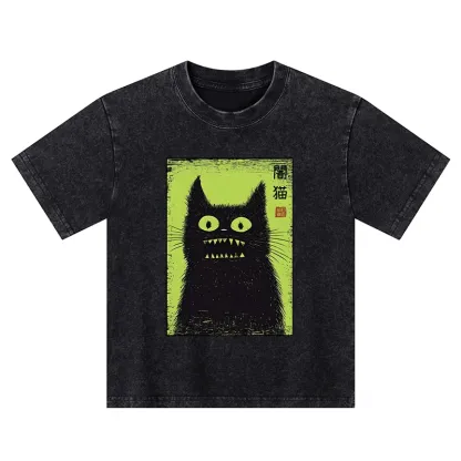 Tokyo-Tiger Spooky Black Cat Japanese Kids Washed T-Shirt