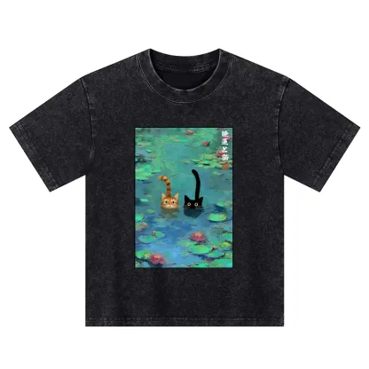 Tokyo-Tiger Funny Cats Swimming In Lilies Kids Washed T-Shirt