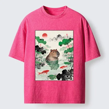 Tokyo-Tiger Chill Capybara In Water Washed T-Shirt
