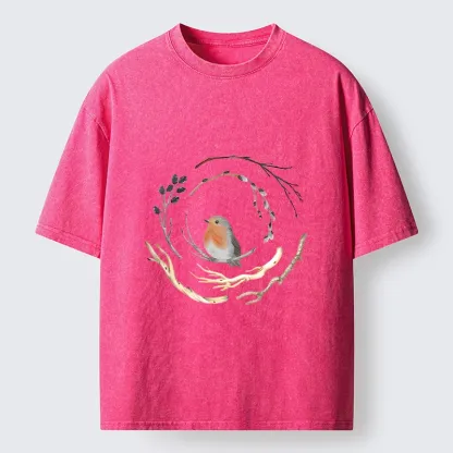 Tokyo-Tiger Cute Robin On Branch Washed T-Shirt