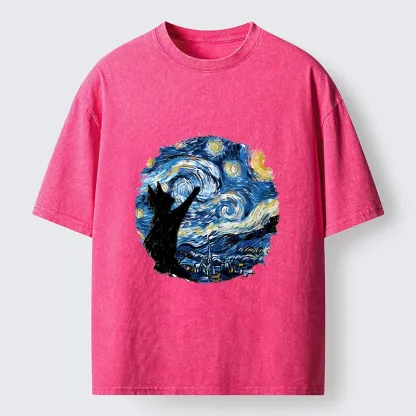 Tokyo-Tiger Starry Night Black Cat Washed T-Shirt